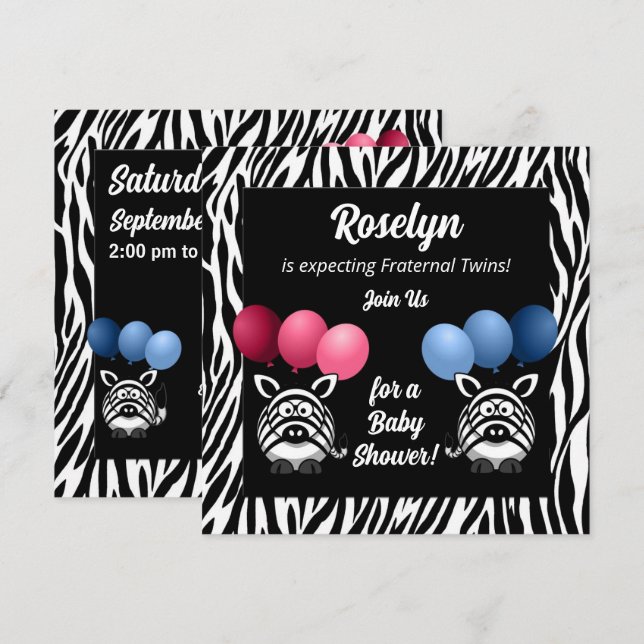 Invitación Gemelos fraternales de cebra en Baby Shower negro (Anverso / Reverso)