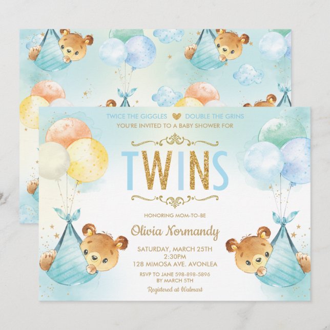 Invitación Gemelos gemelos gemelos niños Teddy Bears Baby Sho (Anverso / Reverso)