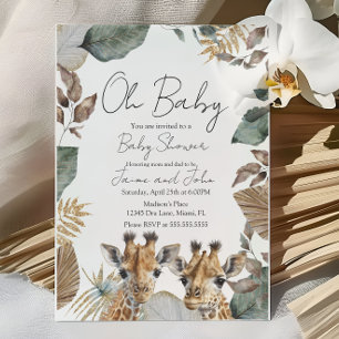Invitación Gemelos Jirafa Jungla Detalles Salvajes Baby Showe