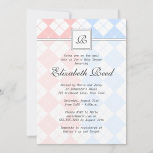 Invitación Gemelos monogramados rosa y azul Baby Shower