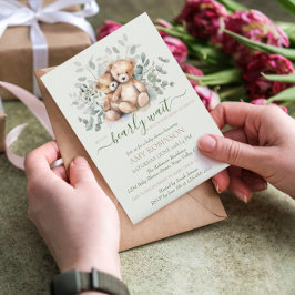Invitación Gemelos Neutral Teddy Bear Boho Baby Shower