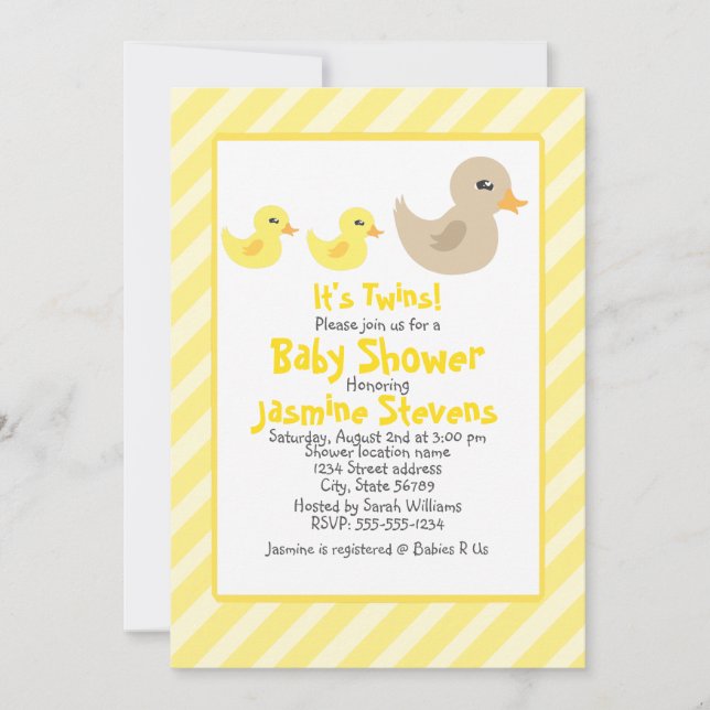 Invitación Gemelos Neutrales de pato rayados Baby Shower (Anverso)