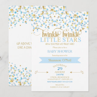 Invitación Gemelos Niño Azul Bebé y Dorado Twinkle Little Sta
