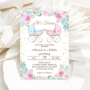 Invitación Gemelos Niño Niña Cumpleaños Rosa Azul Cochecito d