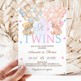 Invitación Gemelos Niño Niña Oso con Globos Baby Shower