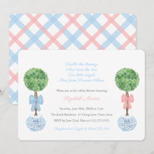 Invitación Gemelos Niño Niña Preppy Cinta Rosa Azul Baby Show