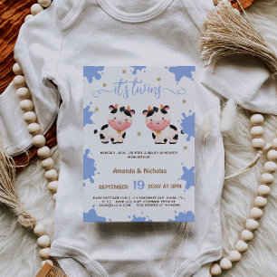 Invitación Gemelos Niños Azul Vaca Baby Shower Boho