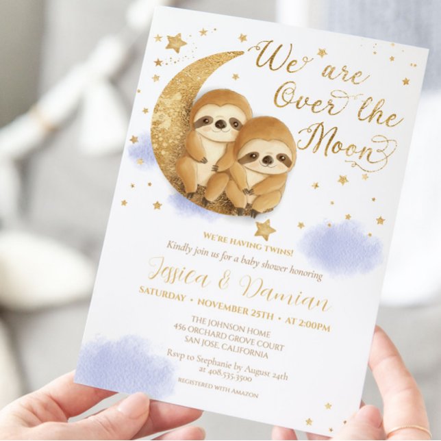 Invitación Gemelos por la luna Sloth Gold Blue Baby Shower en (Subido por el creador)