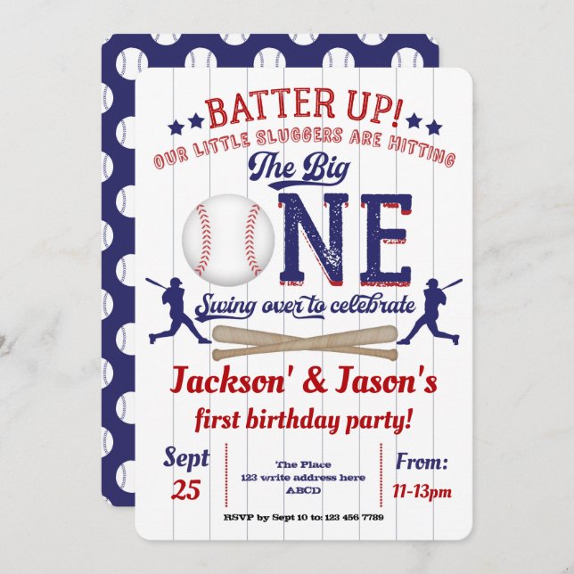 Invitación Gemelos, primer cumpleaños, béisbol (Anverso / Reverso)