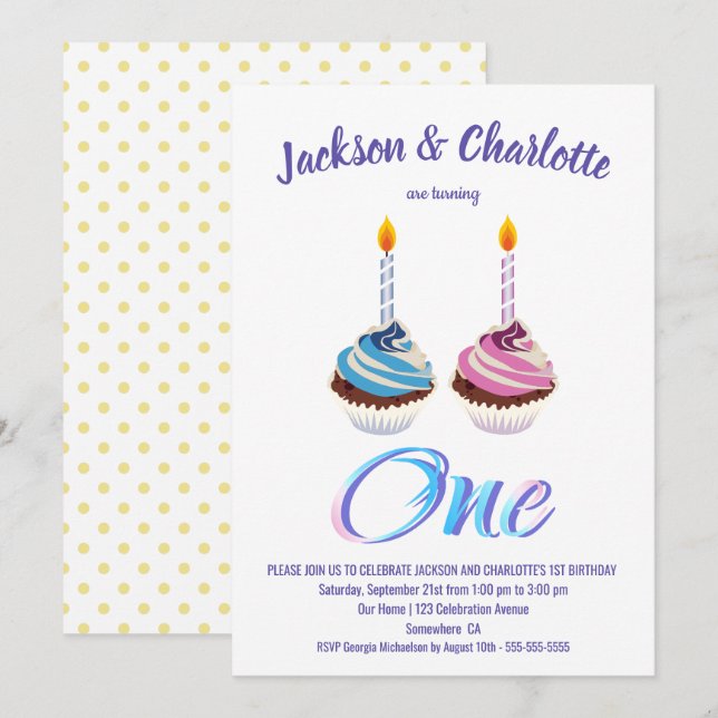 Invitación Gemelos, primer Fiesta de cumpleaños y pasteles Ch (Anverso / Reverso)