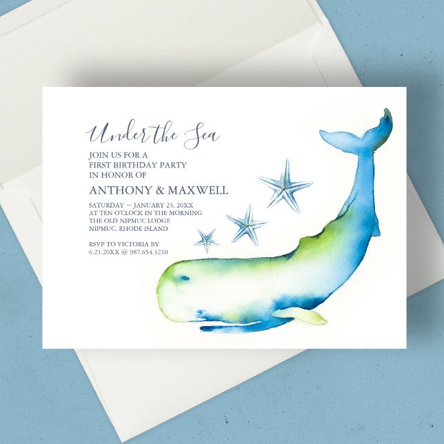 Invitación Gemelos primera acuarela de cumpleaños Starfish de (1st birthday twins under the sea watercolor whale and starfish nautical blue)