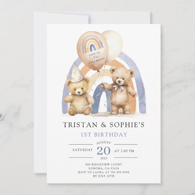 Invitación Gemelos primera acuarela de cumpleaños Teddy Bears (Anverso)