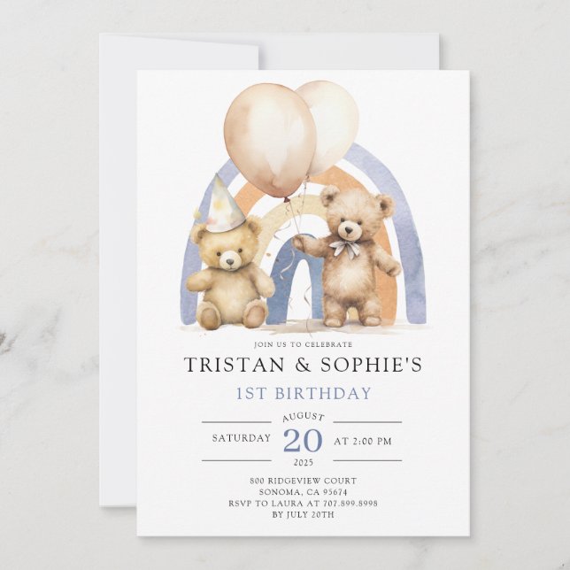 Invitación Gemelos primera acuarela de cumpleaños Teddy Bears (Anverso)