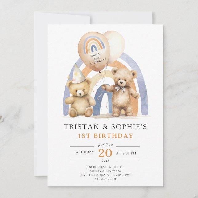 Invitación Gemelos primera acuarela de cumpleaños Teddy Bears (Anverso)