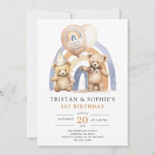 Invitación Gemelos primera acuarela de cumpleaños Teddy Bears