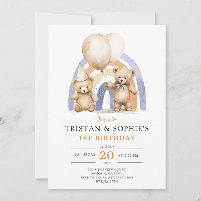 Invitación Gemelos primera acuarela de cumpleaños Teddy Bears (Anverso)