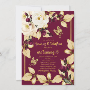 Invitación Gemelos Quinceañera Burgundy Champagne y Gold