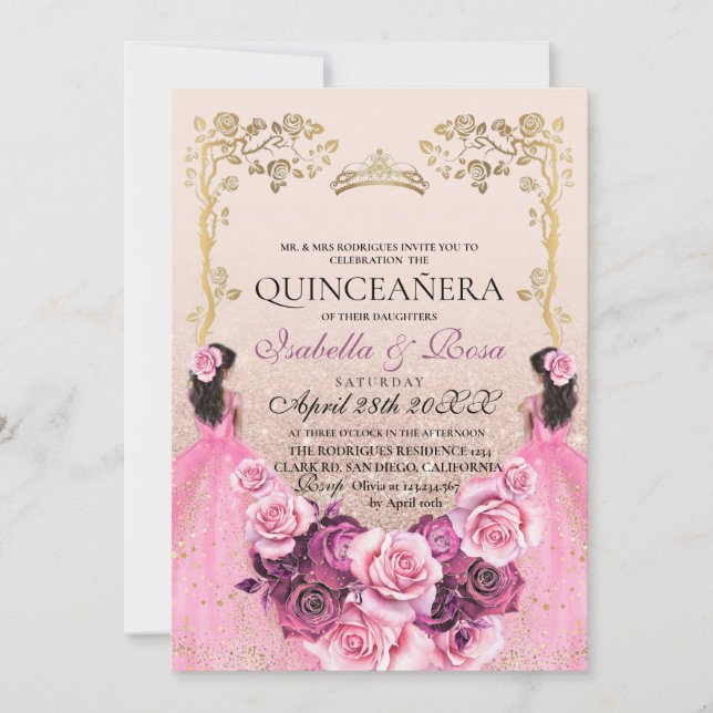 Invitación Gemelos Quinceañera floral de oro rosado de Rubor (Anverso)