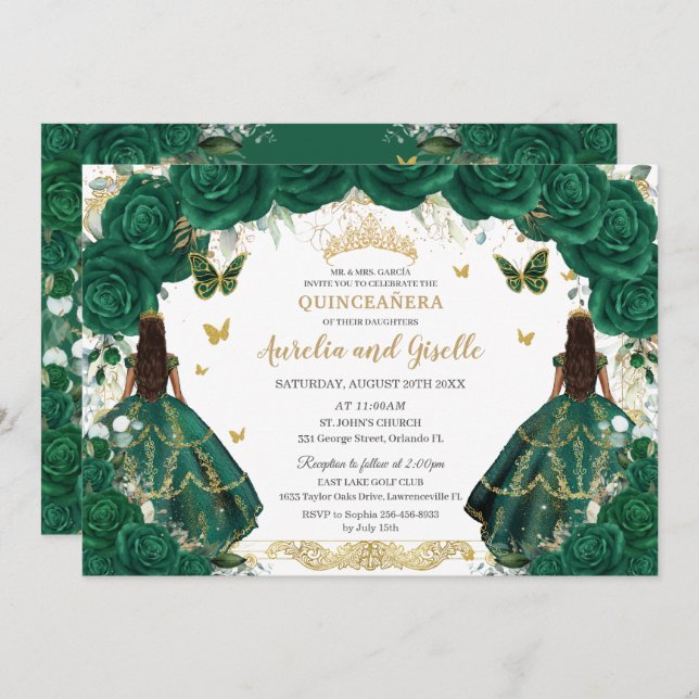 Invitación Gemelos Quinceañera Princesas Floral Verde Esmeral (Anverso / Reverso)