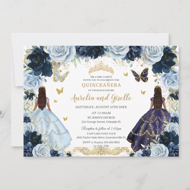 Invitación Gemelos Quinceañera Princesas Marina Bebé Floral A (Anverso)