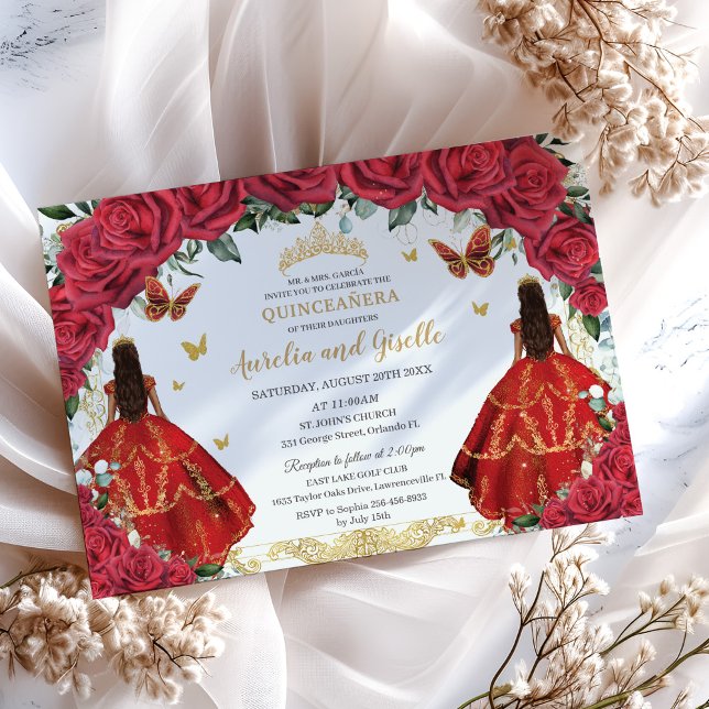 Invitación Gemelos Quinceañera Princesas Rojas Roses Floral G (red roses floral twins quinceanera sweet 16 birthday invitation printed cards and digital download)