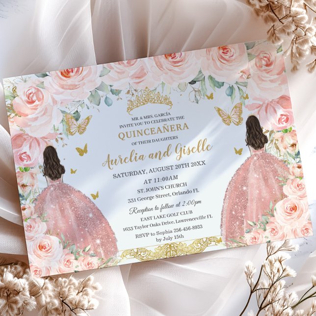 Invitación Gemelos Quinceañera Princesas Rubor Floral Gold (elegant-blush-pink-floral-twins-princesses-rose-gold-dress-brunette-joint-sisters-quinceanera invite)