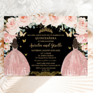 Invitación Gemelos Quinceañera Princess Rubor Floral Gold Bla