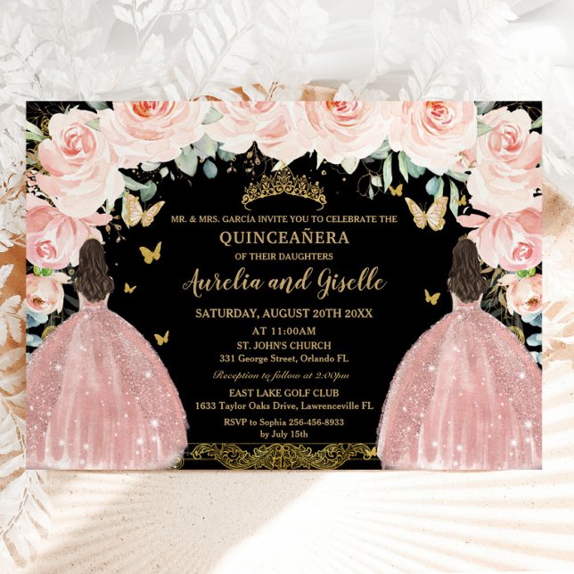 Invitación Gemelos Quinceañera Princess Rubor Floral Gold Bla (blush pink floral rose gold dress twins princesses quinceanera sweet 16 birthday invitation cards)