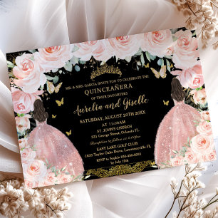 Invitación Gemelos Quinceañera Princess Rubor Floral Gold Bla