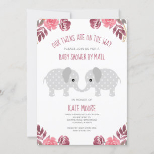 Invitación Gemelos Red Floral Elephant Baby Shower Por Correo
