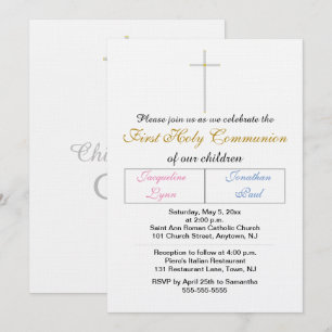 Invitación Gemelos Rosa Azul Dorado Color Primera Comunión