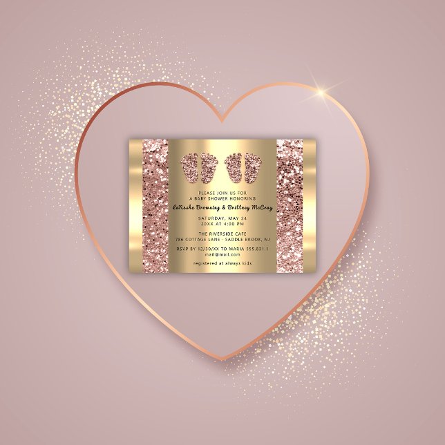 Invitación Gemelos Rosa de pies de Baby Shower Purpurina Chic (Twins Baby Shower Feet Rose Glitter Boy Girl Gold Invitation)