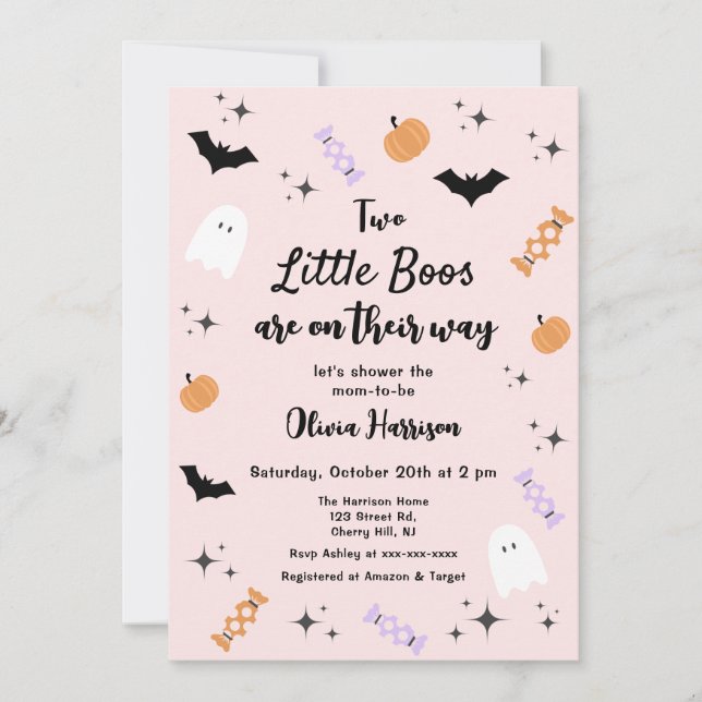 Invitación Gemelos rosa Pequeño Boo Halloween Baby Shower (Anverso)