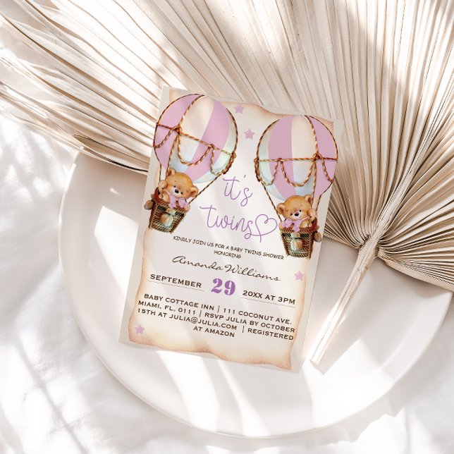 Invitación Gemelos Rosa Teddy Oso Globo de aire caliente Baby (Subido por el creador)