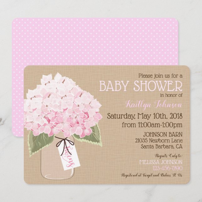 Invitación Gemelos rosados Hydrangea Mason Jar Rustic Baby Sh (Anverso / Reverso)