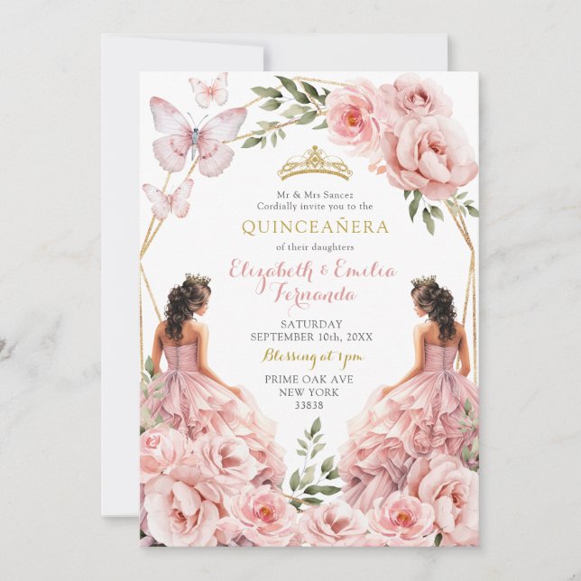 Invitación Gemelos rosados reales de Rubor Quinceañera geomét (Anverso)
