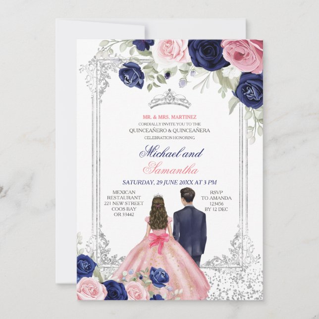 Invitación Gemelos rosados y marrosos florales plateados Quin (Anverso)