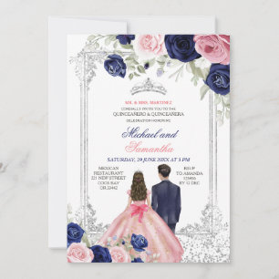 Invitación Gemelos rosados y marrosos florales plateados Quin