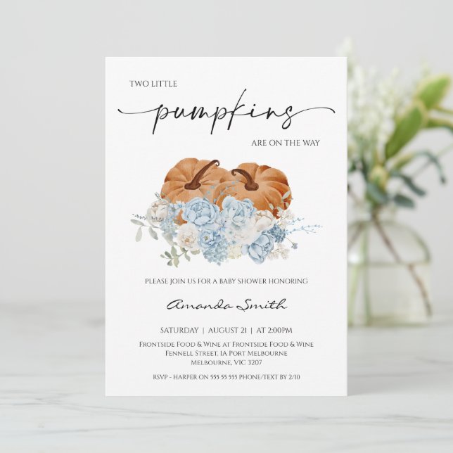 Invitación Gemelos Rustic Blue Fall Pumpkins Baby Shower (Anverso de pie)