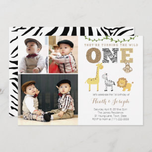 Invitación Gemelos Safari Primer Fiesta de cumpleaños, múltip