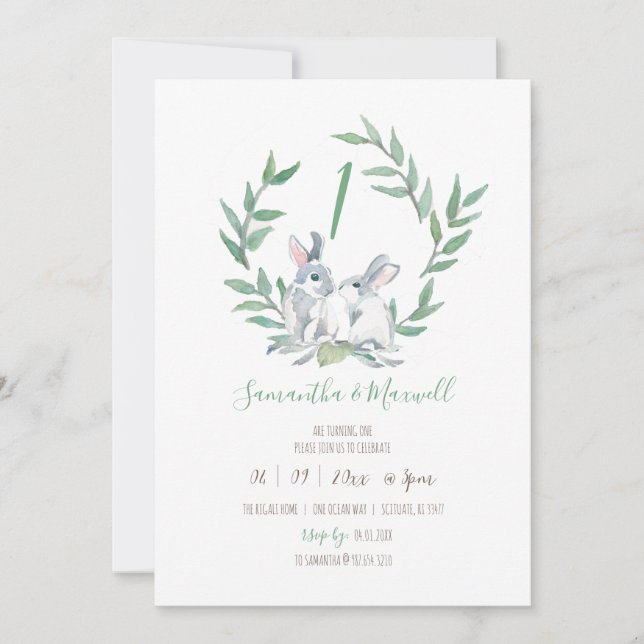 Invitación Gemelos temáticos de Woodland Primer cumpleaños (Anverso)