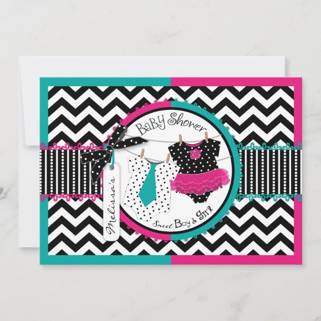 Invitación Gemelos Tie Tutu Chevron Baby Shower (Anverso)