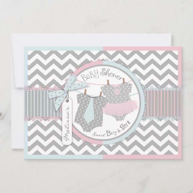 Invitación Gemelos Tie Tutu Chevron Baby Shower (Anverso)