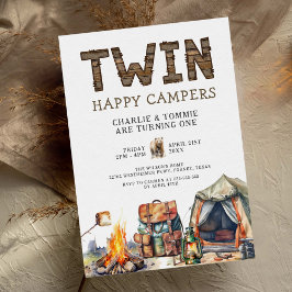Invitación Gemelos, un feliz camper rústico primer cumpleaños