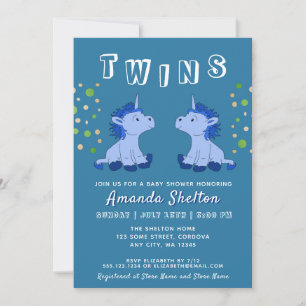 Invitación Gemelos Unicornio Azul Adorable Cumpleaños 2 Niños