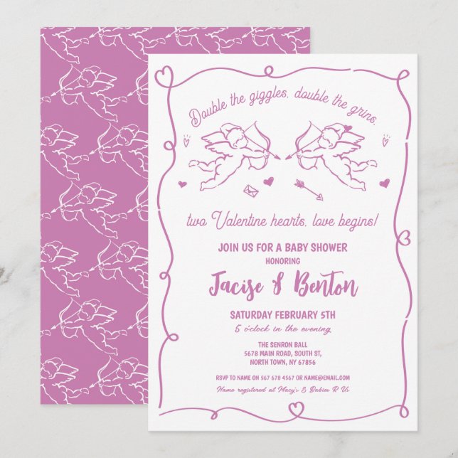 Invitación Gemelos Valentines Baby Shower Cupido Chica Amor R (Anverso / Reverso)