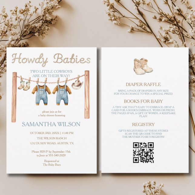 Invitación Gemelos Vaqueros Bebé Howdy Todo En Uno (Subido por el creador)