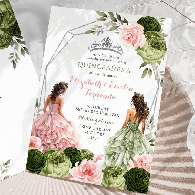 Invitación Gemelos verdes rosados y sabrosos Quinceañera geom (Subido por el creador)