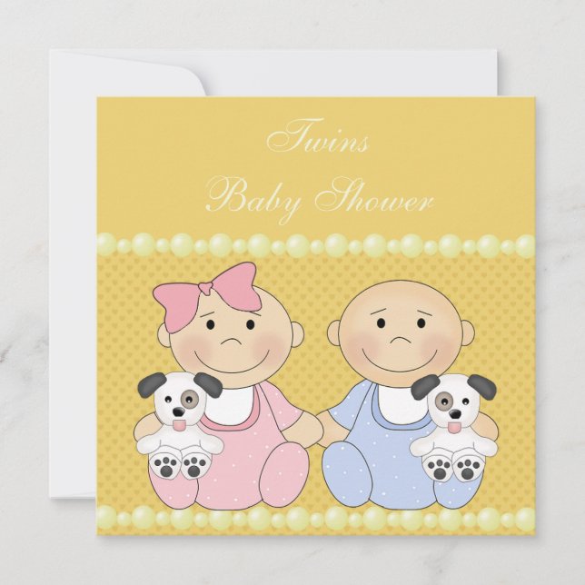 Invitación Gemelos y cachorros Baby Shower amarillo (Anverso)