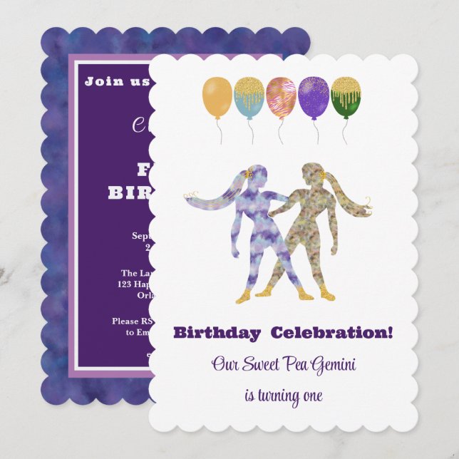 Invitación Gemini 1st Birthday Impressionist Gold Glitter (Anverso / Reverso)